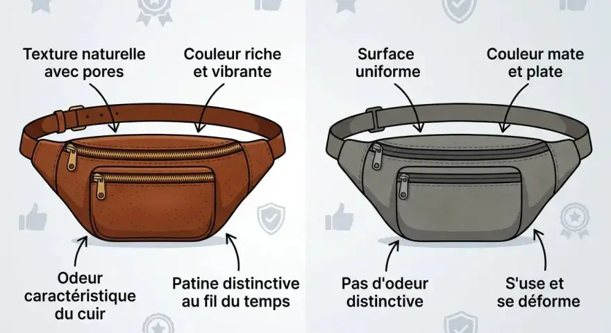 Comparaison de deux sacs banane : l'un en cuir naturel, l'autre en tissu synthétique. Le cuir offre une texture poreuse et une patine unique, tandis que le tissu est uniforme mais se déforme.