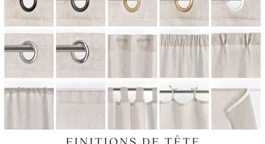 Mise en avant de divers plis flamands pour rideaux : œillets, ruflettes, pattes et nouettes.