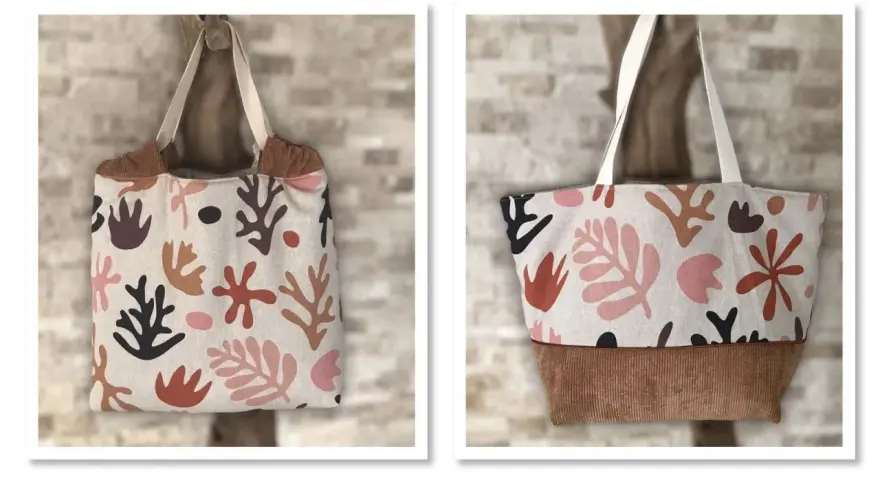 Tuto couture sac velours : deux sacs cabas en tissu imprimé abstrait, avec une bande de velours côtelé marron.