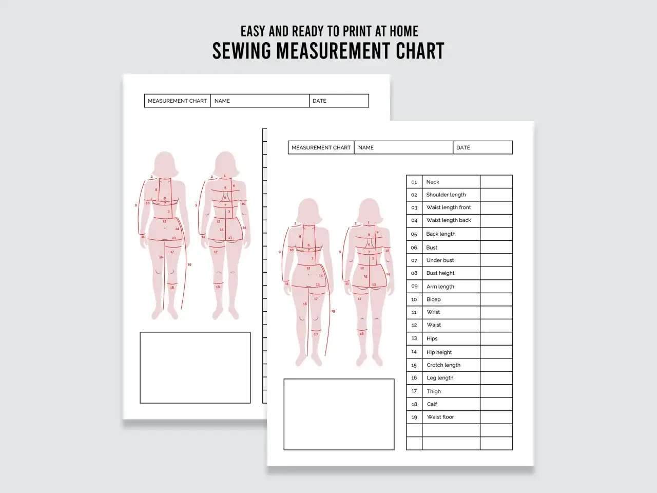 Tableau de mensuration femme pour la couture, avec schémas et liste des mesures (cou, épaules, buste, taille, hanches, jambes, etc.).