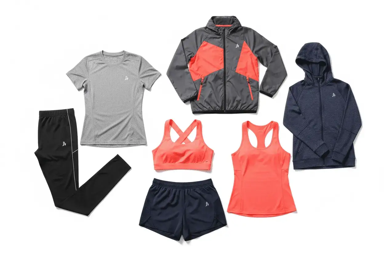 Ensemble de vêtements de sport pour femme : legging, t-shirt gris, brassière et short corail, veste grise et corail, sweat à capuche bleu marine. Le tissu technique sport assure confort et performance.