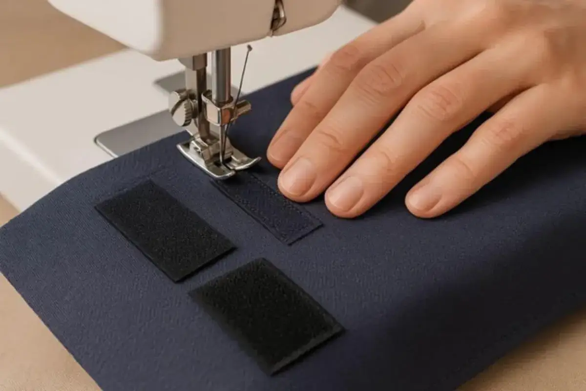 Main d'une personne utilisant une machine &agrave; coudre pour coudre du velcro sur un tissu bleu marine.