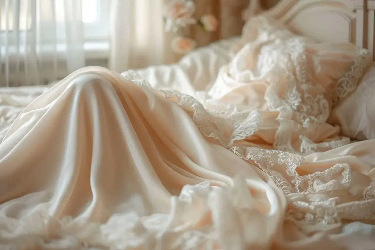Drap&eacute; de satin ivoire et dentelle d&eacute;licate, &eacute;voquant le choix du tissu pour robe de mari&eacute;e parfaite.