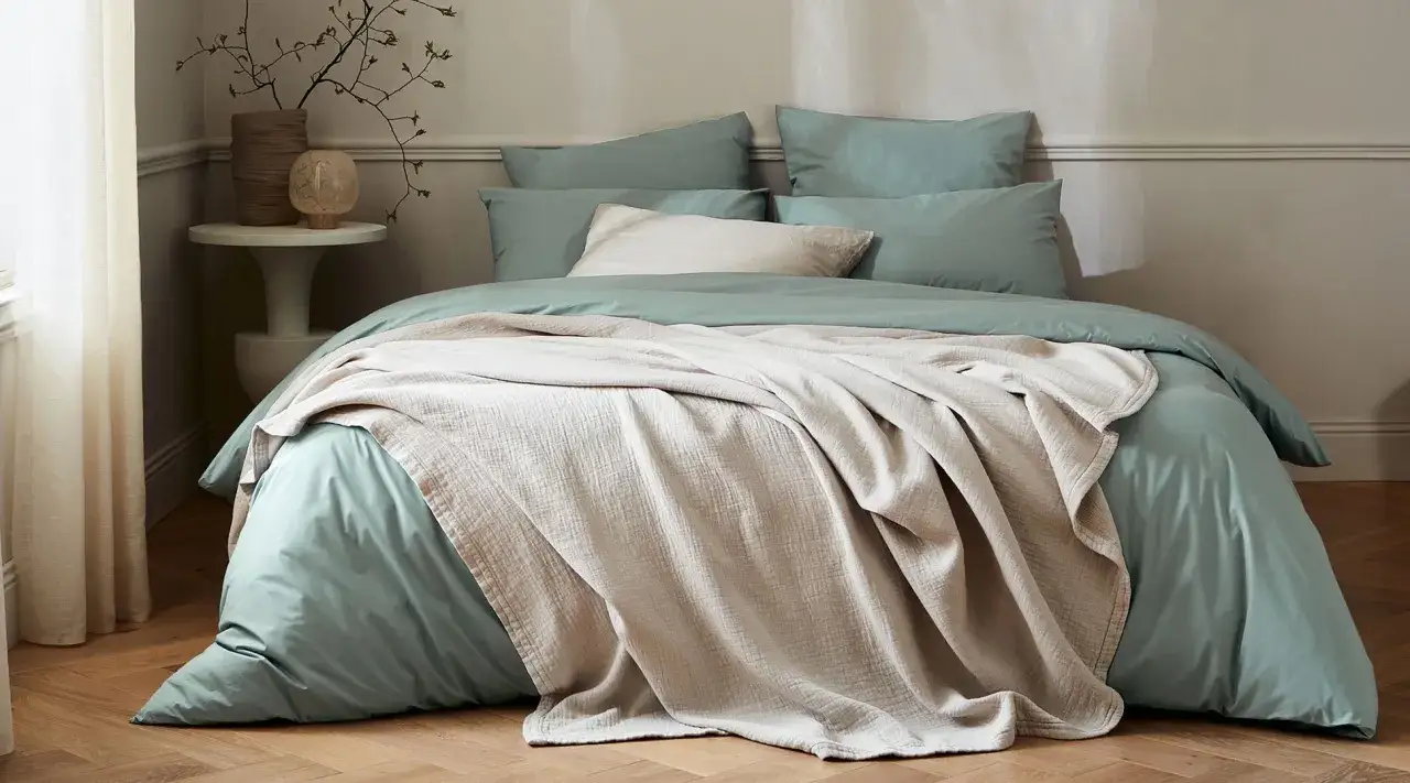 Lit douillet avec housse de couette vert sauge et jeté texturé beige. Quel tissu pour housse de couette ? Le coton doux est idéal.