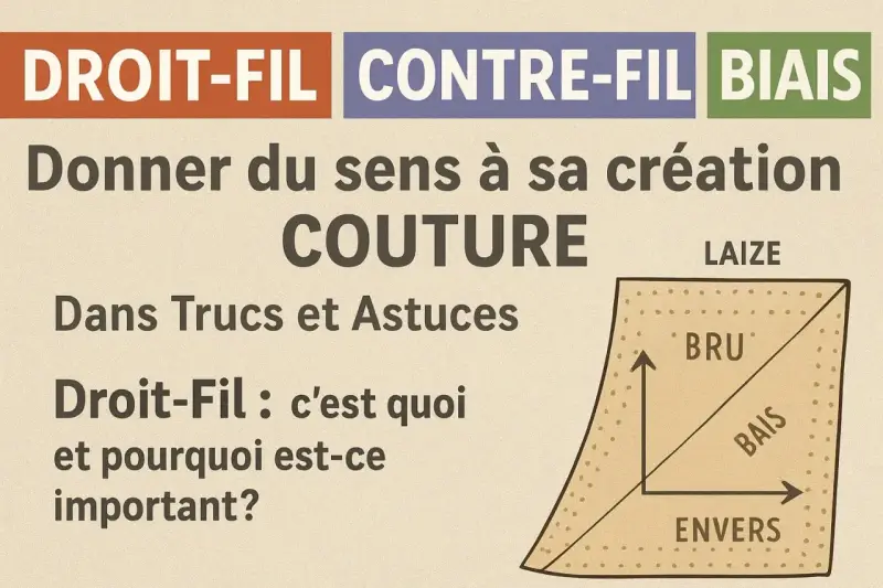 Illustration expliquant le **droit fil** en couture, avec des termes comme "laize", "bru", "bais" et "envers".