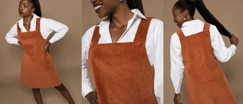 Trois vues d'une robe chasuble orange en velours côtelé, portée sur une chemise blanche.