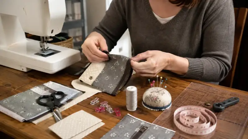 Tuto enveloppe rectangulaire : mains cousant un portefeuille en tissu, avec machine à coudre, ciseaux, épingles et ruban à mesurer.